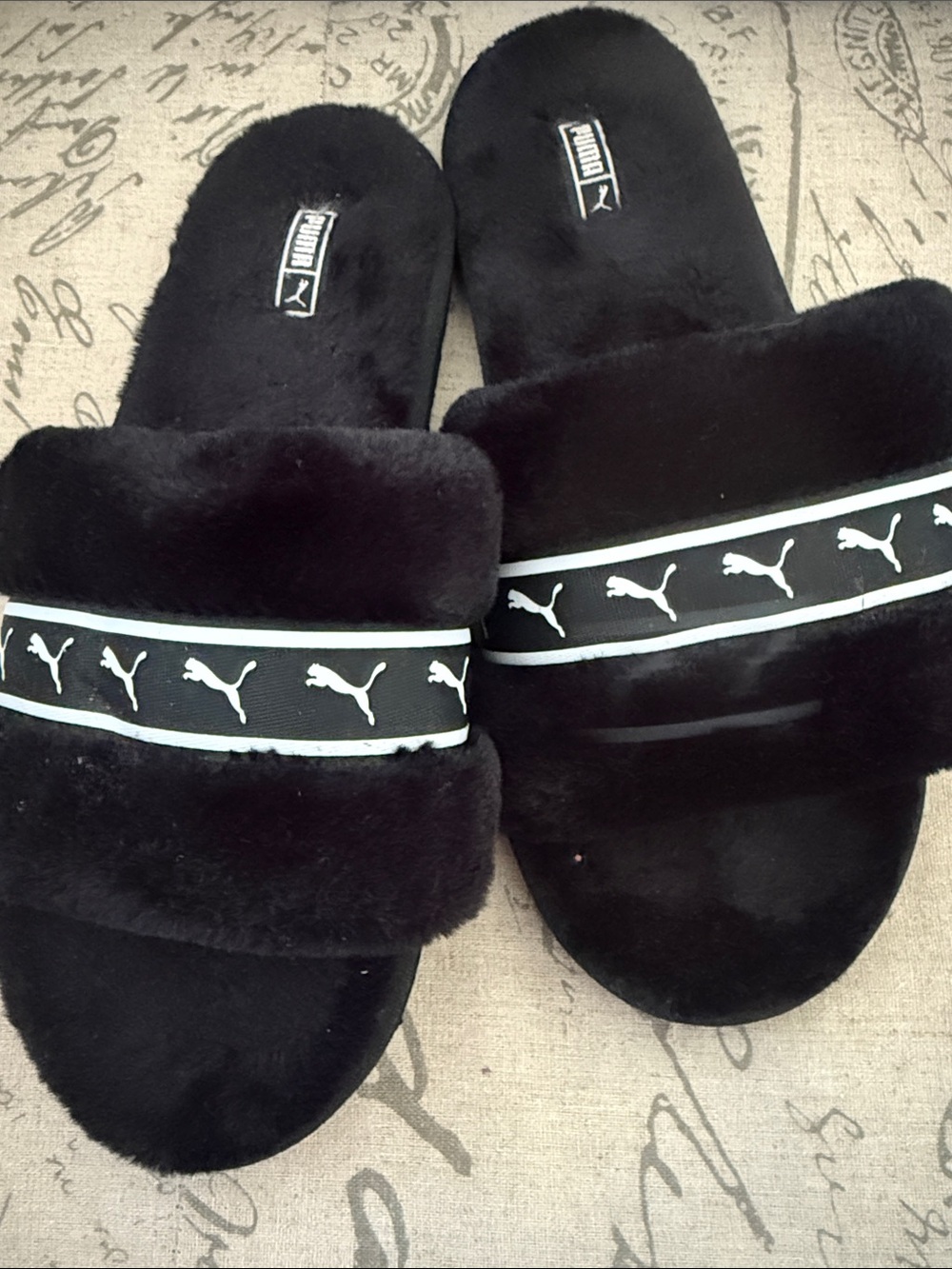 Puma Black Plush Logo Strap Slide Sandals